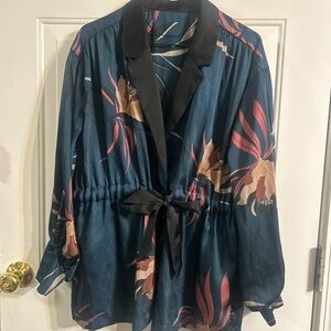 Elegant Floral Women's Blazer Black Trim loungewear button bow closure smokin ja